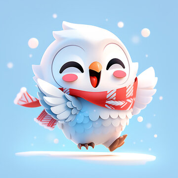 A cute Snowy Owl 3D Characters design  leaping and dancing joyfully in Christmas Festival, Winter background, Clean Background, Owl 3D Character transparent,3D,Winter, made with generative AI.