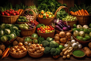 Capture the vibrant and colorful scene of a farmers market with this image showcasing a variety of fresh vegetables neatly arranged on display. Generative AI.