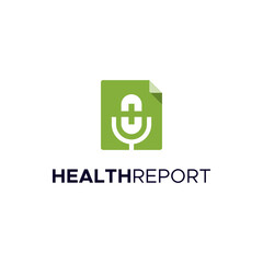 Modern logo combination of mic, health cross and paper. It is suitable for use as a health report logo.