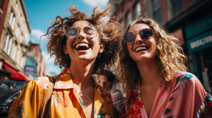 Captivating City Selfies: Bold and Energetic Portrait of Two Young Women Embracing the Moment