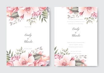Wedding invitation card template set with soft roses floral and watercolor background