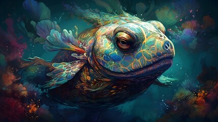Fototapeta na wymiar alien big fish swimming underwater generative art