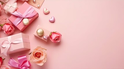 A collection of Gift box and pink flowers on pink pastel background for Valentine day banner