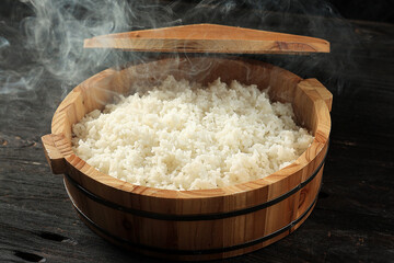 Wooden Tub with Steaming Hot Japanese Rice