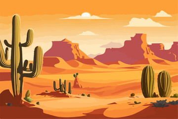 Cartoon desert landscape with cactus, hills, sun and mountains silhouettes, vector nature horizontal background. - obrazy, fototapety, plakaty