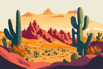 Cartoon desert landscape with cactus, hills, sun and mountains silhouettes, vector nature horizontal background. - obrazy, fototapety, plakaty