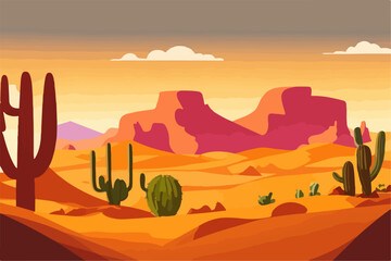 Naklejka na ściany i meble Cartoon desert landscape with cactus, hills, sun and mountains silhouettes, vector nature horizontal background.