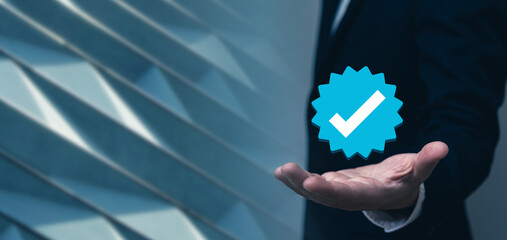Verified and approved blue tick symbolizes concept, trust and confidence in business applications,...
