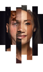 Human face made from different portrait of men and women of diverse age, gender and race. Combination of faces. Concept of social equality, human rights, freedom, diversity, acceptance - obrazy, fototapety, plakaty