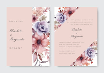 Romantic hand drawn floral wedding invitation card set. Purple pink soft roses flower.