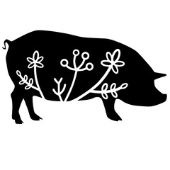 Pig. Vector animal with floral element. Illustration. Animal silhouette. Black isolated silhouette