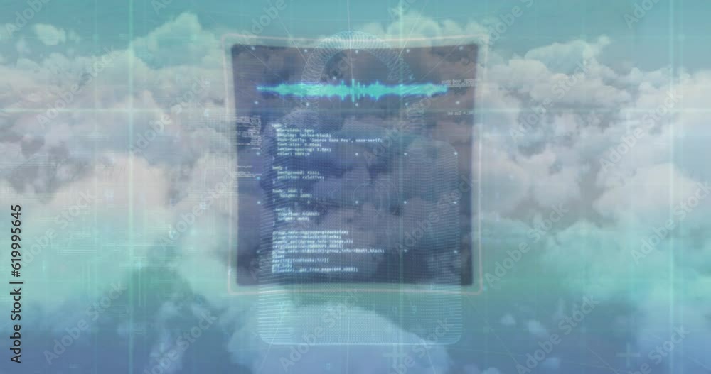 Poster animation of data processing over screen and clouds on sky