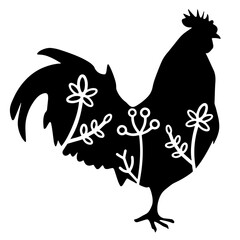 Rooster. Vector animal with floral element. Illustration. Animal silhouette. Black isolated silhouette