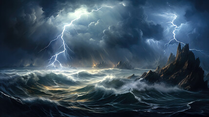 Dramatic portrayal of a turbulent sea with towering waves amidst a raging storm, depicting the raw power and intensity of nature in a visually stunning composition.