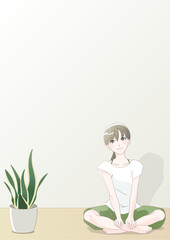 座っている女性、観葉植物のある部屋　コピースペース