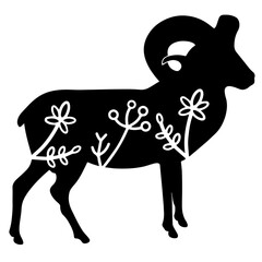 Ram. Vector animal with floral element. Illustration. Animal silhouette. Black isolated silhouette