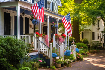 A family home with with 4th July decorations, generative AI