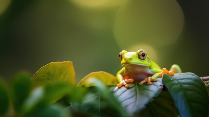 Obraz premium Beautiful tree frog on green leaves, flying frog on green leaves