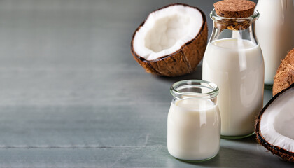 Fototapeta na wymiar Coconut vegan milk non dairy in different bottles with copy space
