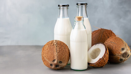 Coconut vegan milk non dairy in different bottles with copy space