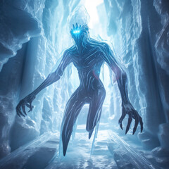 Translucent Cyborg Alien on a Frozen Planet: The Enigmatic Fusion of Machine and Organic