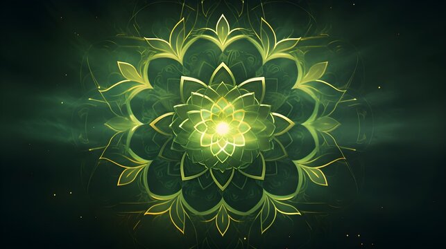 Radiant Anahata chakra symbol with mandala backdrop. Spiritual illustration for heart chakra meditation. green abstract design for Anahata Chakra with glowing light. generative ai 
