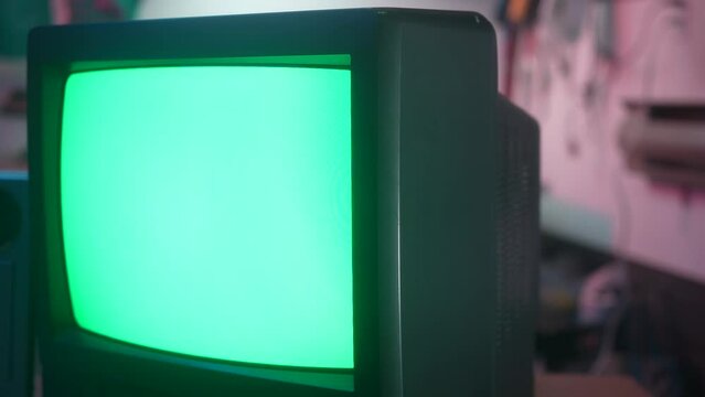 Green Screen on a Vintage Retro Television from 80s 90s