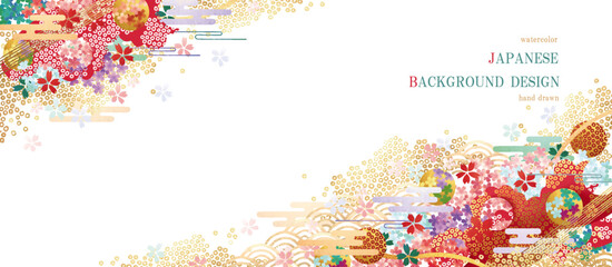 和柄, 和風, 年賀状, 背景, ベクター, フレーム, 和, お正月, 新年, 桜, 花, 雲, 冬, 春, 水彩, しぶき, 日本, カラフル, 金色, 金, 金箔, ゴールド, おしゃれ, 手描き, バナー, イラスト, グランジ, レトロ, モダン, デザイン