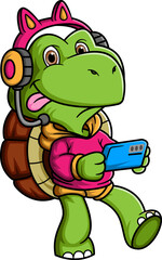 Turtle wearing gaming headphones (over the ear, with a mic) holding a smartphone