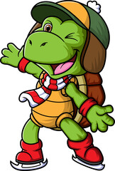 Cartoon turtle ice skating isolated on white background