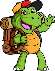 Cartoon little turtle explorer with backpack