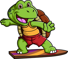 Cartoon little turtle playing surfing