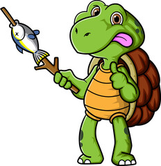 cartoon cute turtle grilling a fish