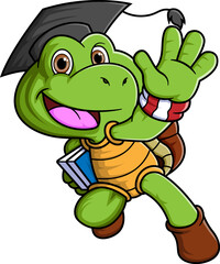 Cartoon happy turtle with backpack and book