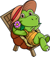 Cartoon turtle sitting on beach chair and a flower