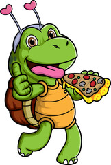 The cute turtle is eating a slice of pizza