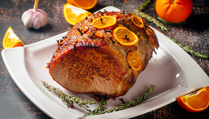 Roast pork with orange glaze, decorated with cloves.