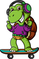 Cartoon little turtle playing skateboard