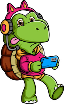 Turtle wearing gaming headphones (over the ear, with a mic) holding a smartphone