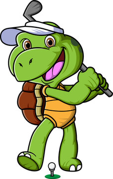 Cartoon turtle playing golf on the golf course