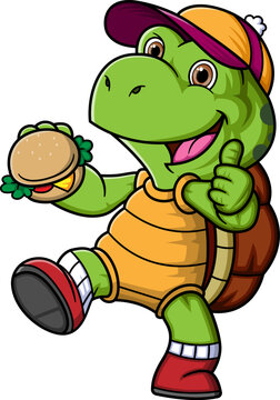 The cute turtle is eating hamburger