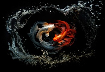 Beauty koi fish swimming on black background circular yin and yang