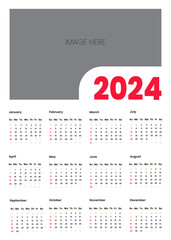 Fototapeta na wymiar Calendar 2024 template simple minimal calendar, Vector planner 2024 year, Wall calendar 2024 year, Week Starts sunday, Set of 12 calendar, advertisement, printing, stationery, organization office.