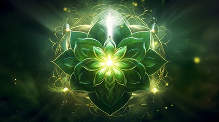 Anahata chakra symbol with mandala backdrop. Spiritual illustration for heart chakra meditation. green abstract design for Anahata Chakra with glowing light. generative ai  - obrazy, fototapety, plakaty