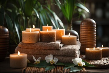 Obraz na płótnie Canvas Brown towels with bamboo sticks and candles for spa massages and body treatments. Decorated with candles, spa stones, and salt on a wooden floor. The spa and wellness center is ready for beauty.
