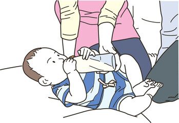 赤ん坊に哺乳瓶でミルクを飲ませる男女