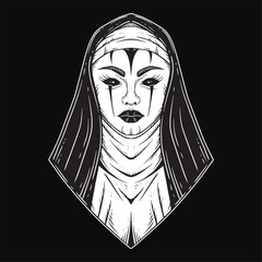 Dark Art Nun Tattoo Devil Women Skull Head Horror Hand Drawn Style illustration