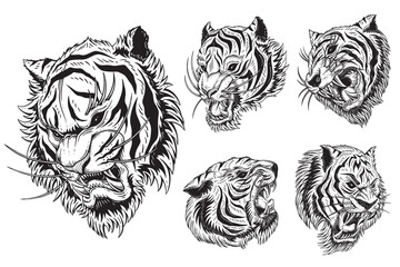 Set Bundle Tiger Head Angry Beast roaring mascot For Tattoo Clothing black and white Hand Drawn illustration