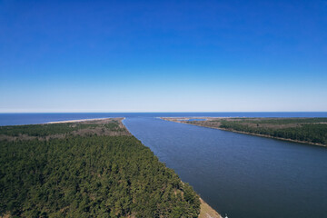 Aerial view drone of river goes into the sea. Delta of Vistula river goes in Baltic Sea in Sobieszewo Gdansk Poland. Forest and small village around river