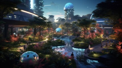 Tranquil park oasis within a sprawling cyberpunk city, featuring augmented reality sculptures, holographic wildlife, and serene gardens